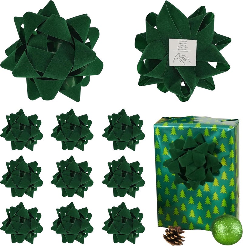 LiBongTa 4.5 Inch Green Velvet Ribbon Gift Bow Decorative Bows, Premade Christmas Bows for Gift Wrapping Self Adhesive, Wrapping Bows for Presents, Party Favor, Holiday, Wedding, Birthday-12 Counts - Image 1